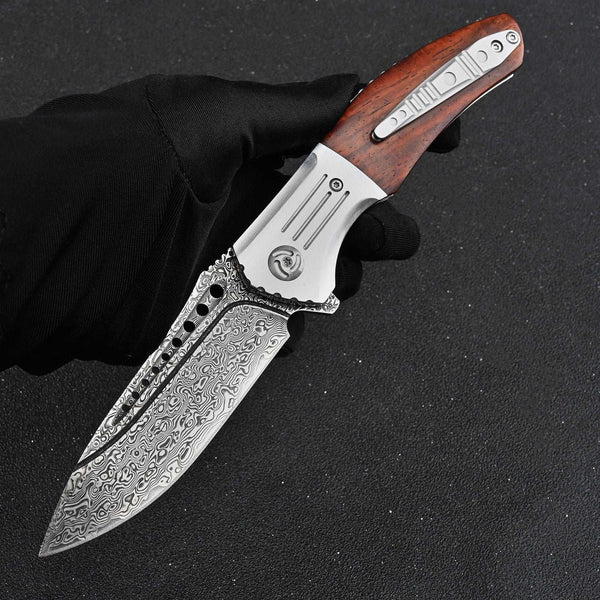 Ironbark VG10 Damascus Pocket Knife With Exotic Red Sandalwood Handle, Clip & Sheath