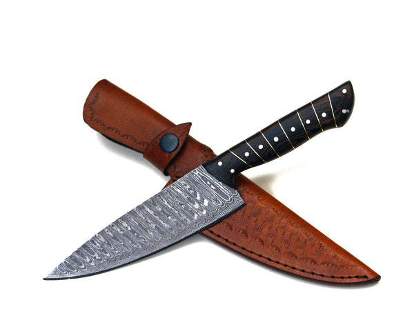 Noble 6" Damascus Chef Knife with Exotic Wenge Wood Handle & Leather Sheath