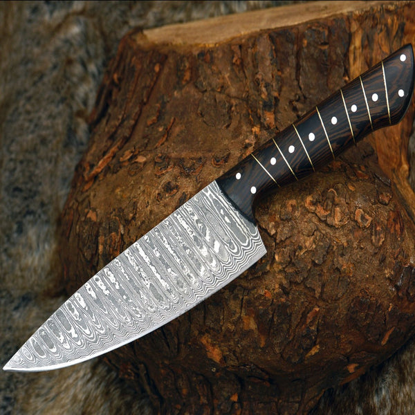 Noble 6" Damascus Chef Knife with Exotic Wenge Wood Handle & Leather Sheath