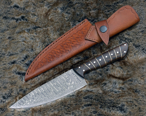 Noble 6" Damascus Chef Knife with Exotic Wenge Wood Handle & Leather Sheath