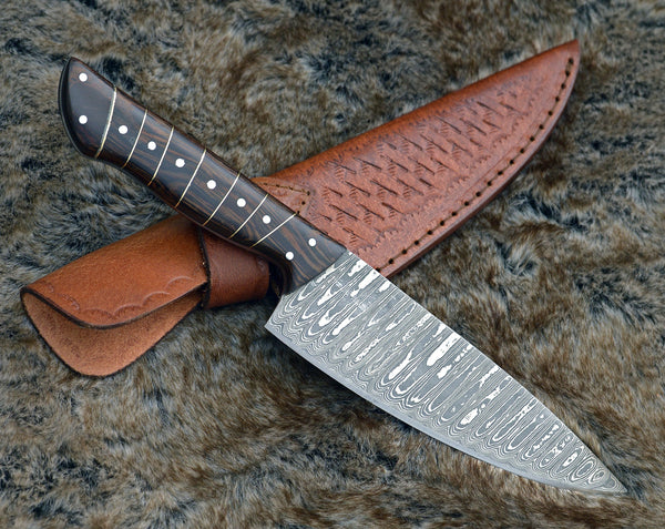 Noble 6" Damascus Chef Knife with Exotic Wenge Wood Handle & Leather Sheath