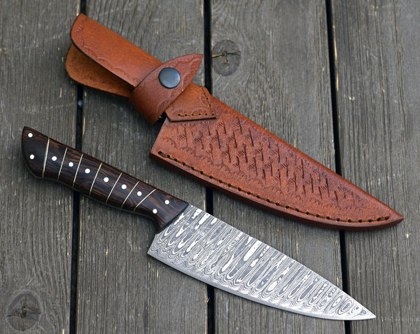 Noble 6" Damascus Chef Knife with Exotic Wenge Wood Handle & Leather Sheath