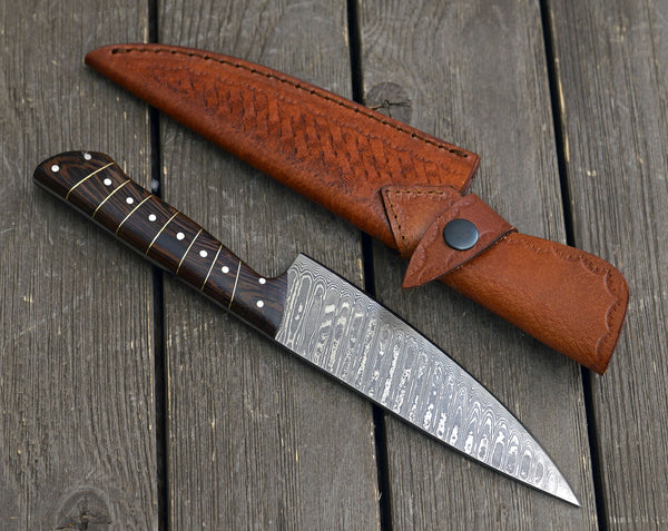 Noble 6" Damascus Chef Knife with Exotic Wenge Wood Handle & Leather Sheath