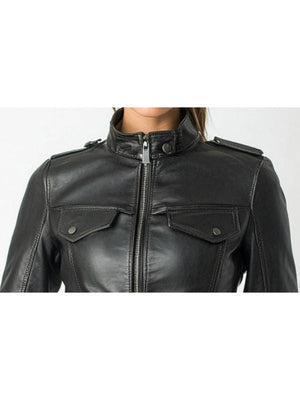 Daisy Women's Black Leather Cafe Racer Jacket