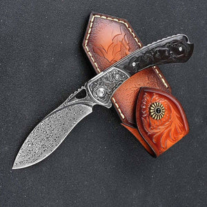 Athena VG10 Handmade Damascus Pocket Knife with Clip & Exotic Ebony Wood Handle