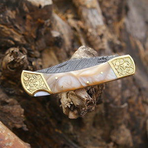 Thunderblade Handmade Damascus Pocket Knife with Leather Sheath & Mother of Pearl Resin