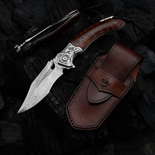 Heracles Damascus Folding Knife with Exotic Snake Wood Handle