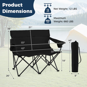 Double Camping Chair 2-Person Outdoor Folding Loveseat with Cup Holders