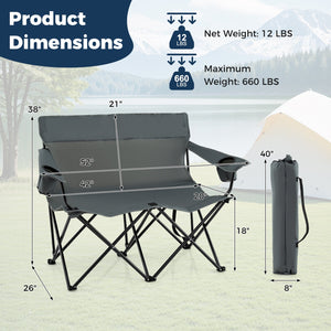 Double Camping Chair 2-Person Outdoor Folding Loveseat with Cup Holders