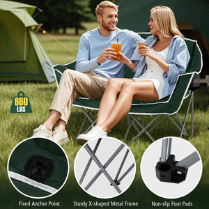 Duo Camping Chair Portable Oversized Loveseat with Armrests and Cup Holders-Green