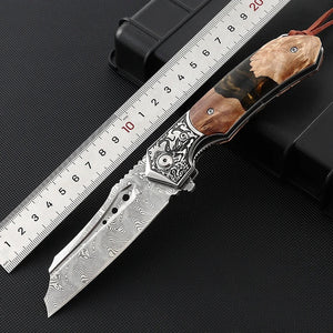 Volver Damascus Pocket Knife with Olive Burl & Resin Handle