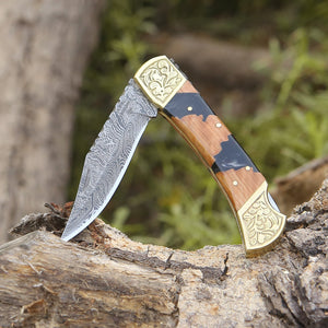 Goldenbolt Handmade Damascus EDC Knife with Leather Sheath & Olive Wood Handle