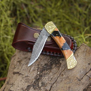 Goldenbolt Handmade Damascus EDC Knife with Leather Sheath & Olive Wood Handle