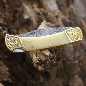 Stormedge Damascus EDC Pocket Knife – Bone Handle
