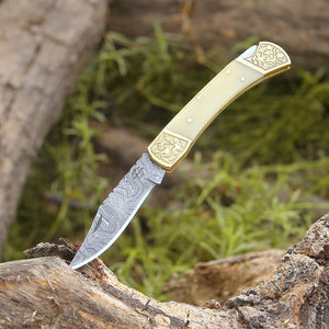 Stormedge Damascus EDC Pocket Knife – Bone Handle