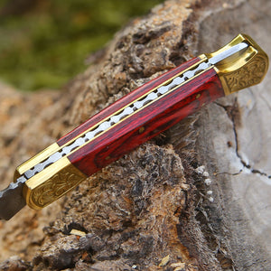 Edgefire Handmade Damascus EDC Utility Folding Knife with Leather Sheath & Pakka wood