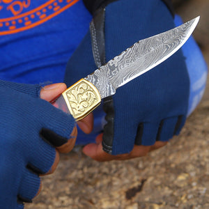 Edgefire Handmade Damascus EDC Utility Folding Knife with Leather Sheath & Pakka wood