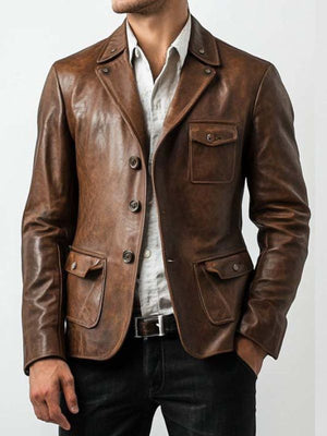 Ethan Distressed Brown Leather Blazer Jacket