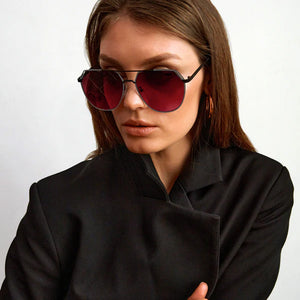 Farrah - Black Frame Ruby Lens Square Aviator Sunglasses