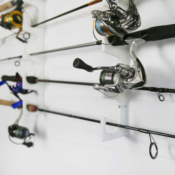 TRAPSKI Fishing Rod/Pole Holder Rack Organizers | Wall or Ceiling Mounted Fishing Rod Rack | Durable Marine Grade HDPE Plastic | Fishing Pole Holder Holds up to 6 or 12 + Stackable Storage