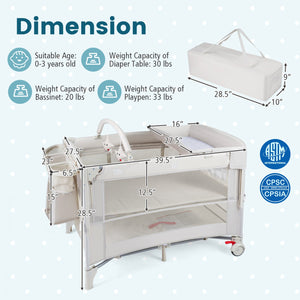 Foldable Baby Bassinet with 4 Adjustable Heights Changing Table and Mattress