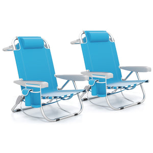 Foldable Backpack Beach Chair with Cup Holder and Storage Pockets Set of 2