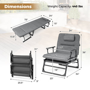 Folding Camping Cot with Mattress 3 in 1 Convertible Single Sofa Chaise Lounge Chair Sleeper-Gray