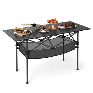 Patio Folding Camping Table with Roll-up Tabletop and Mesh Basket