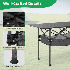 Patio Folding Camping Table with Roll-up Tabletop and Mesh Basket
