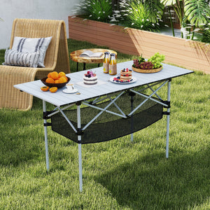 Patio Folding Camping Table with Roll-up Tabletop and Mesh Basket