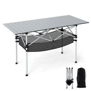 Patio Folding Camping Table with Roll-up Tabletop and Mesh Basket