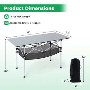 Patio Folding Camping Table with Roll-up Tabletop and Mesh Basket