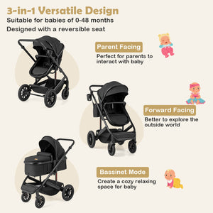3-in-1 Folding Convertible Newborn Stroller with Detachable Bassinet