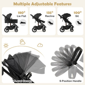 3-in-1 Folding Convertible Newborn Stroller with Detachable Bassinet