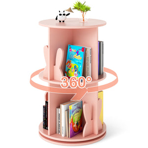 2 Tier Freestanding Kids Rotating Bookshelf Storage Rack with Bunny Baffles