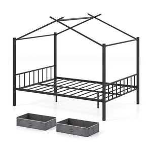 Full Size Metal House Bed with 2 Fabric Drawers for Kids