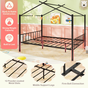 Full Size Metal House Bed with 2 Fabric Drawers for Kids