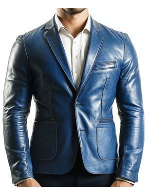 George Blue Leather Blazer for Men