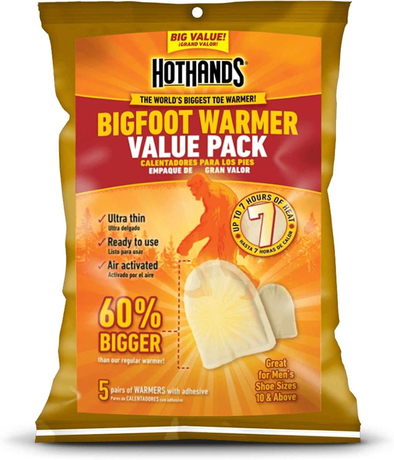 HotHands BigFoot Warmers - Long Lasting Safe Natural Odorless Air Activated Warmers - Up to 7 Hours of Heat - 5 Pair Pack - TRAPSKI, LLC