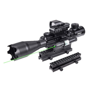 4-in-1 Rifle Scope Combo, 4-16*50mm Rangefinder Scope, Green Laser, Red & Green Dot Sight, 14 Slot Riser