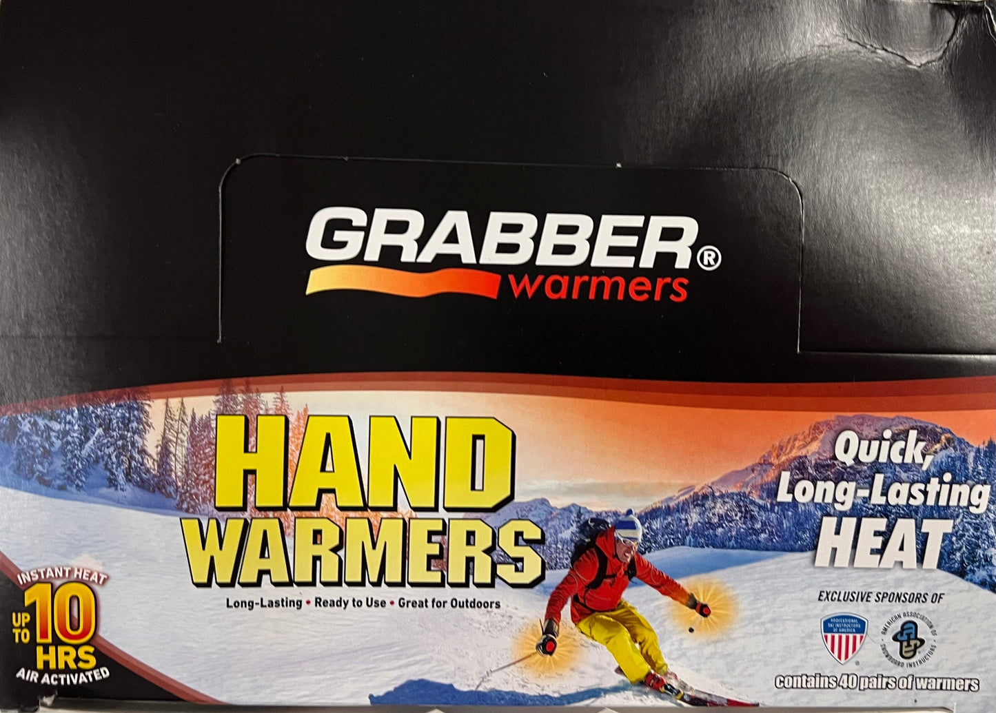 Grabber Ski & Ride Hand Warmers - Long Lasting Natural Odorless Air Activated Warmers - Up to 10 Hours of Heat - 40 Pair Box