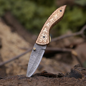 Pixel Copper Damascus Pocket Knife with Engraved Copper Handle