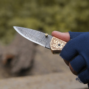 Pixel Copper Damascus Pocket Knife with Engraved Copper Handle