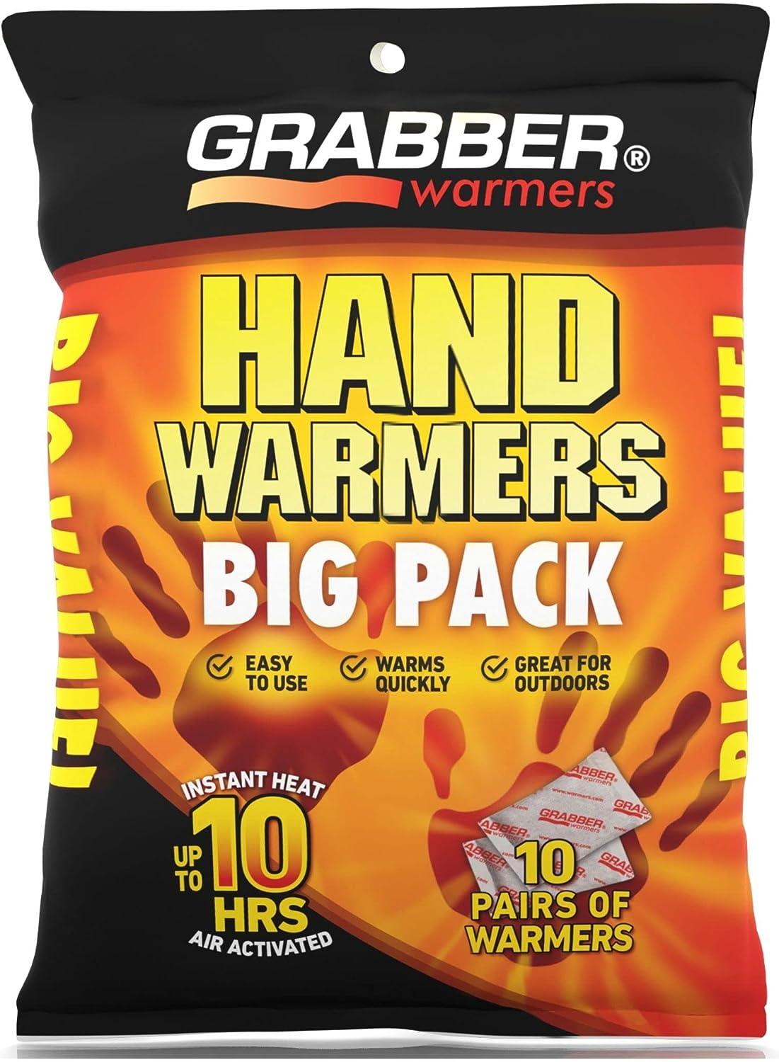 Grabber Hand Warmers - Long Lasting Safe Natural Odorless Air Activated Warmers - Up to 10 Hours of Heat - 10 Pair Pack