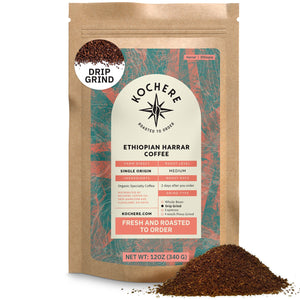 Kochere Coffee Ethiopian Harrar Coffee – Single Origin Natural Medium Roast - Fruity, Berry, Dark Chocolate Notes