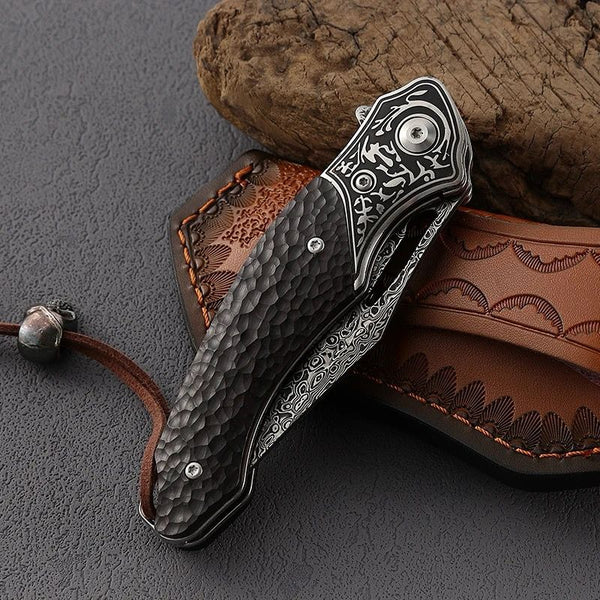 Thor Damascus Folding Knife with Exotic Ebony Wood Scales