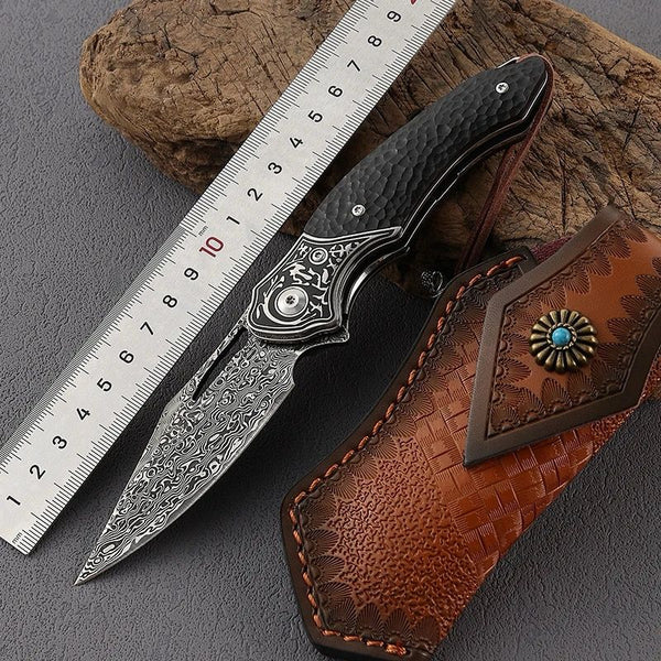 Thor Damascus Folding Knife with Exotic Ebony Wood Scales