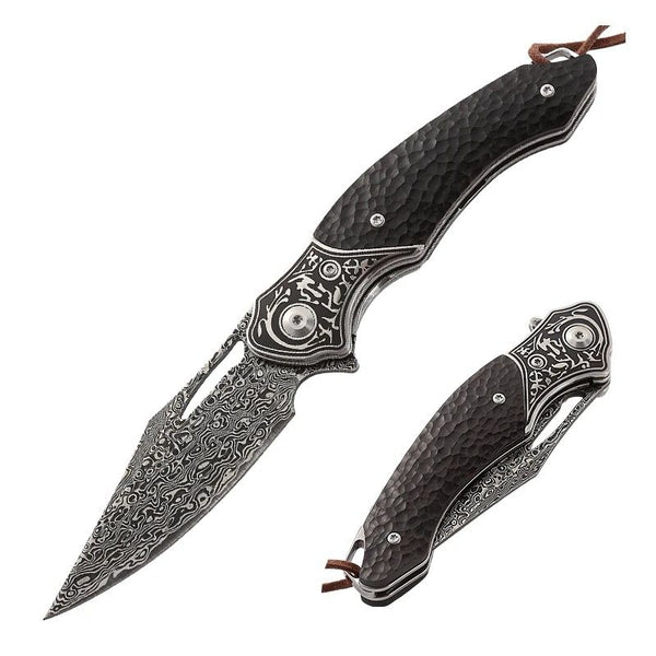 Thor Damascus Folding Knife with Exotic Ebony Wood Scales