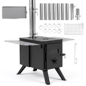 Hot Tent Wood Burning Stove with 8 Chimney Pipes & Ash Tray