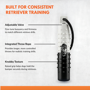 The HuntEmUp 2in Plastic Dog Training Bumper Dummy w/Valve Black White Flasher